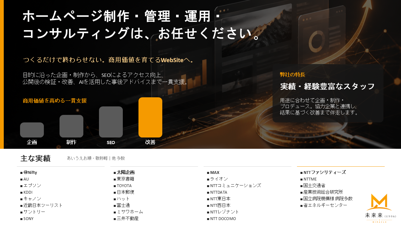ホームページ制作・管理・運用・
コンサルティングは、
お任せください。つくるだけで終わらせない。
商用価値を育てるWebSiteへ。

